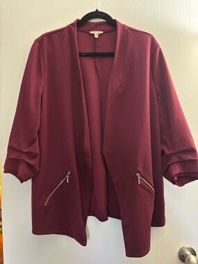 Maurices Open-Front Maroon Blazer with Faux Zip Pockets